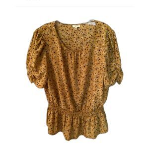 LILY WHITE XL MUSTARD YELLOW FLORAL PUFF SLEEVE BLOUSE WITH SMOCKED WAIST